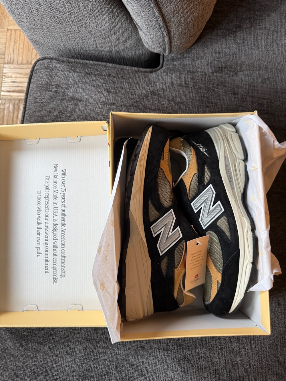 New Balance Men's Black and Tan 990-Style Running Sneakers